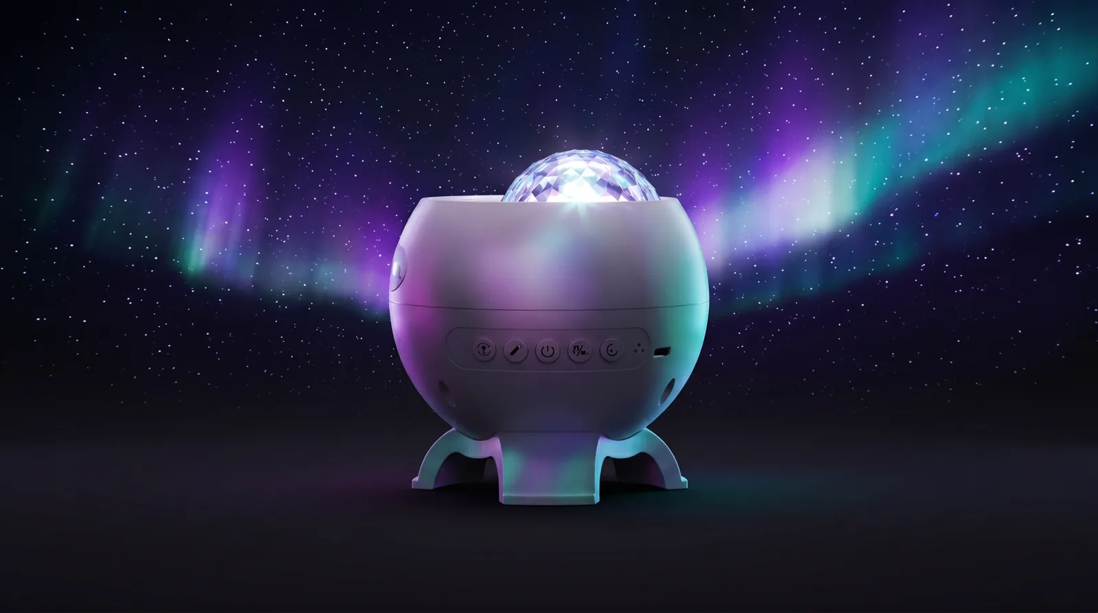 The projector switched on — a violet-and-teal aurora drifting across a starry ceiling